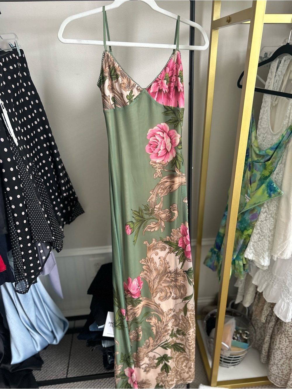 Green Floral Maxi Slip Dress with Pink Rose Print
